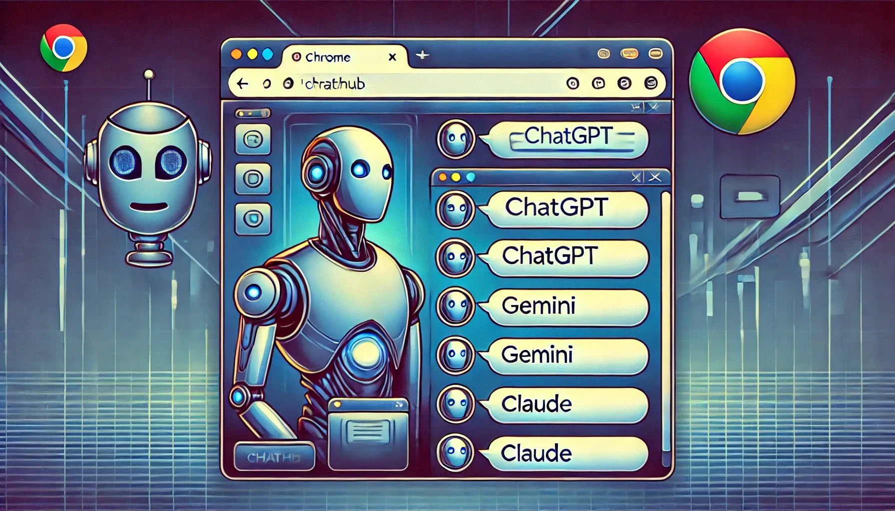 DALL·E 2025-02-06 16.21.10 - A digital screenshot-style illustration of a Chrome extension interface featuring the 'ChatHub' logo. The interface displays multiple chat windows on .webp